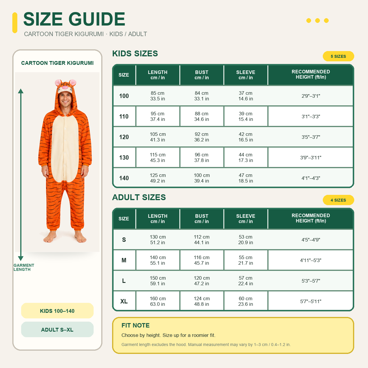 Tigger Cartoon Tiger Kigurumi Onesie 09 size guide
