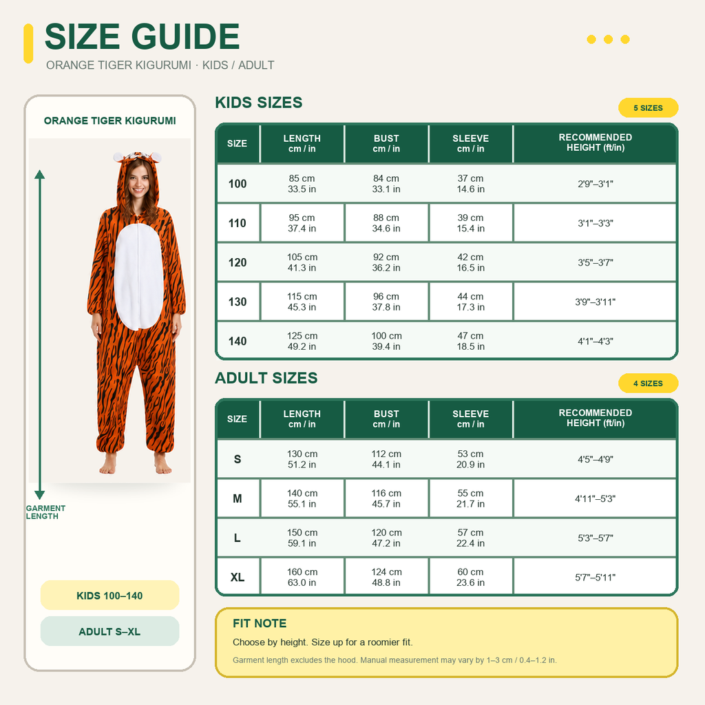Tigger kigurumi onesie — 09 size guide