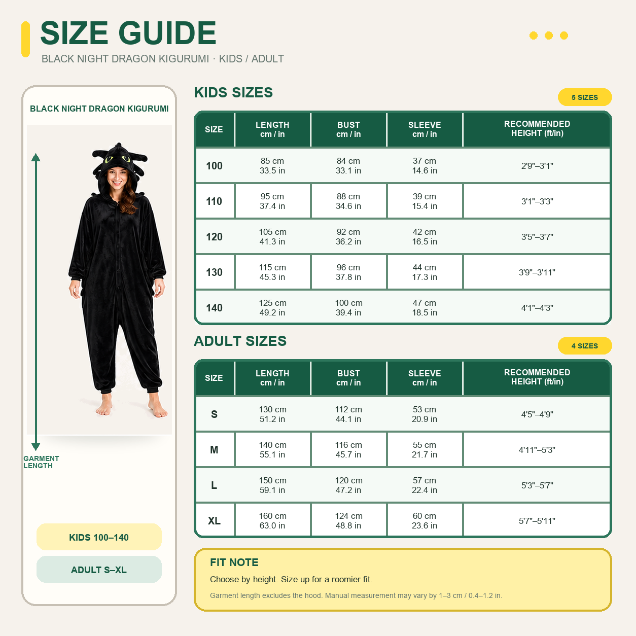 Toothless kigurumi onesie — 09 size guide