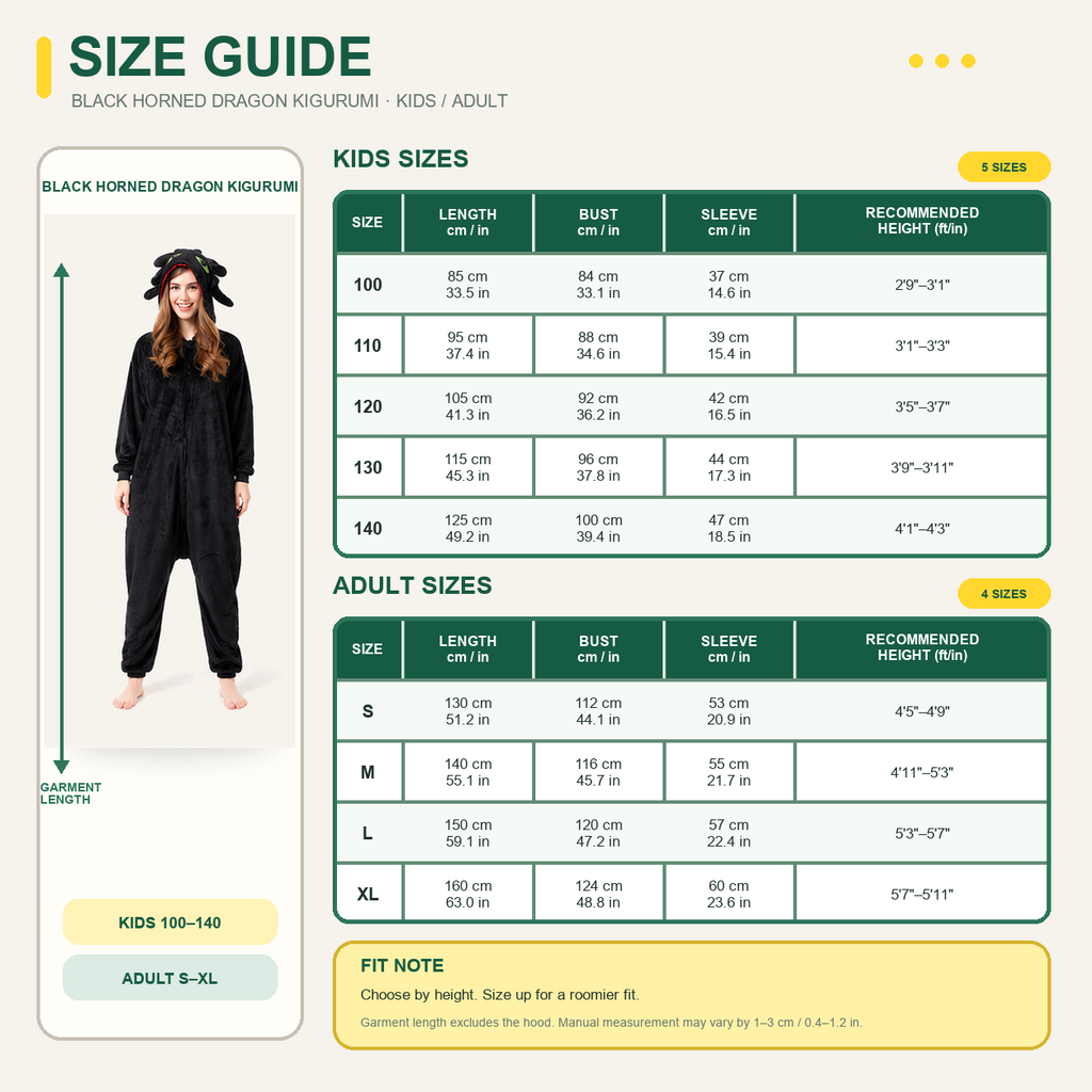 Toothless kigurumi onesie — 09 size guide