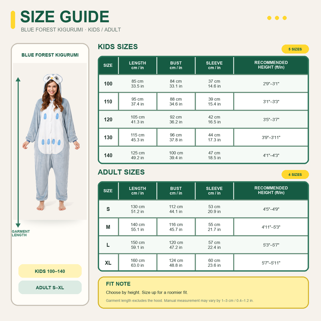 Totoro kigurumi onesie — 09 size guide