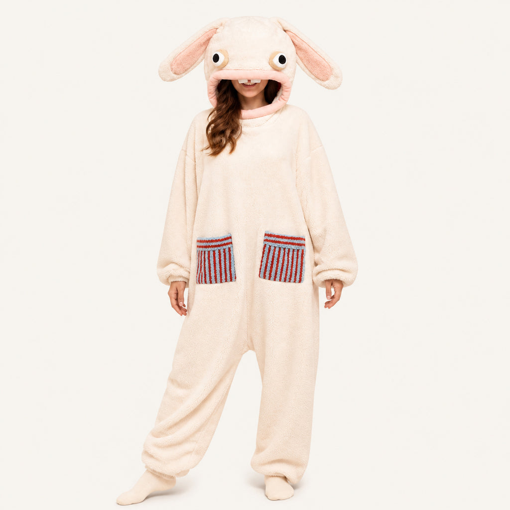Wide-Eyed Rabbit kigurumi onesie in cream and pink