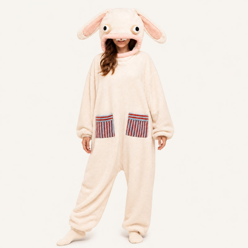 Wide-Eyed Rabbit kigurumi onesie in cream and pink