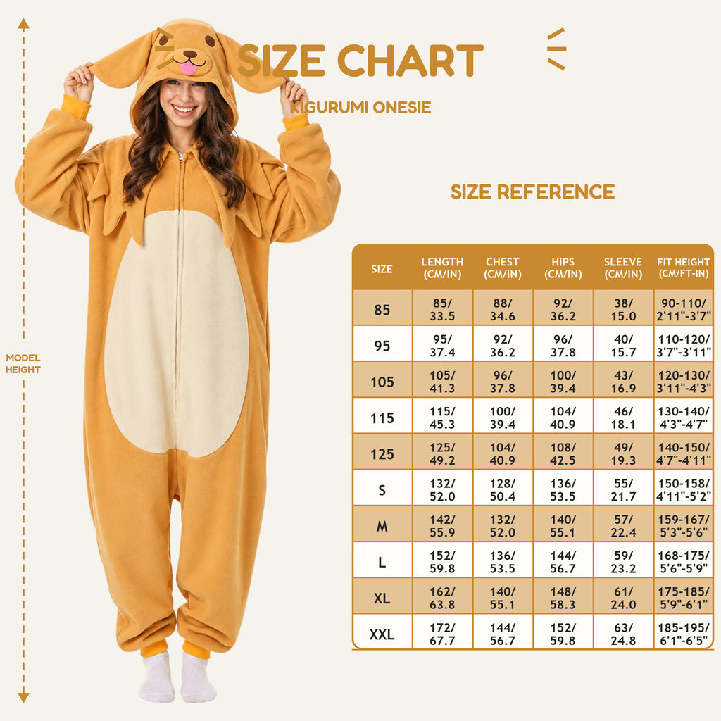 Yellow Dog Kigurumi Onesie - size guide