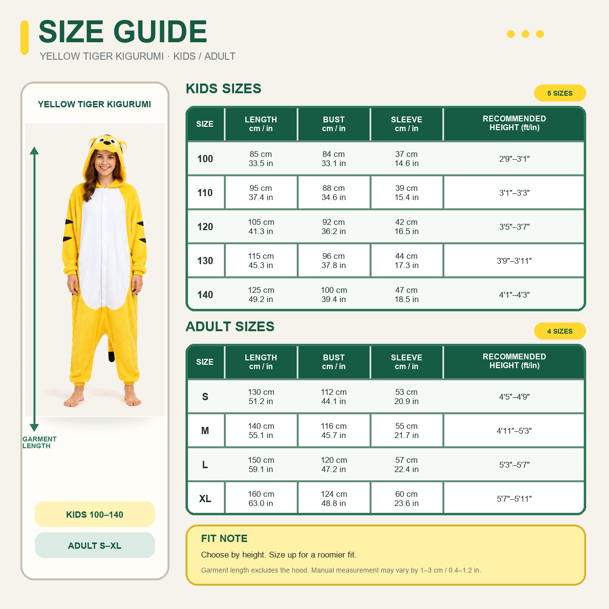 Yellow Tiger Kigurumi Onesie 09 size guide
